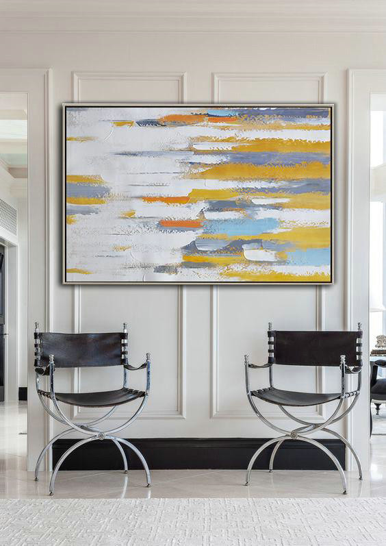 Original Artwork Extra Large Abstract Painting,Oversized Horizontal Contemporary Art,Large Wall Art Home Decor,White ,Grey,Yellow,Orange.etc